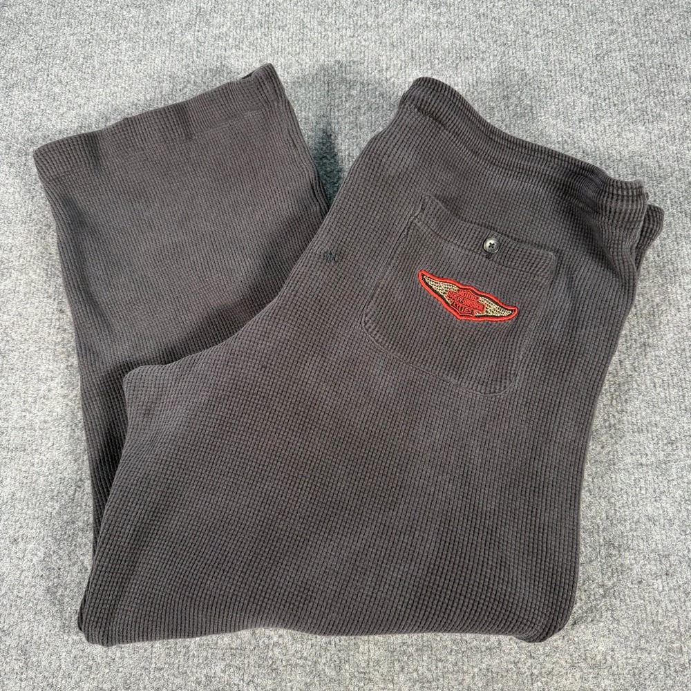 Harley-Davidson Mens Thermal Waffle Knit Lounge Pants Gray L Logo Patch #4447